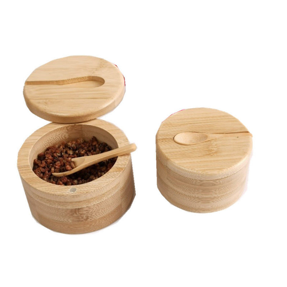 Bamboo Seasoning Jar Condiment Dispenser - Salt Jar with Spoon Kitchen Storage Seasoning Containers