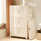Cream White 19.69 Side Wide Folding Storage Cabinet ,3 Tiers,19.69x11.81x31.1,Collapsible Storage Bins With Magnetic Door, Plastic Storage Cabinet With Wheels